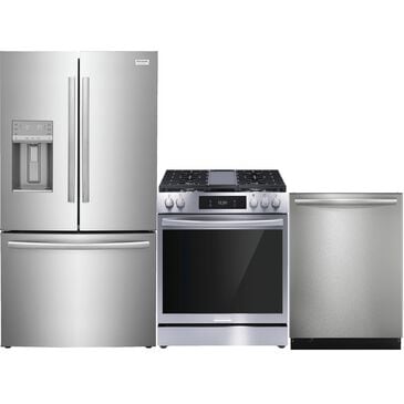 Frigidaire Gallery 3 Piece Kitchen Package with 27.8 Cu. Ft. French Door Refrigerator, 30" Front Control Gas Range with Total Convection, and 24" Built-In Bar Handle Dishwasher with CleanBoost in Stainless Steel, , large