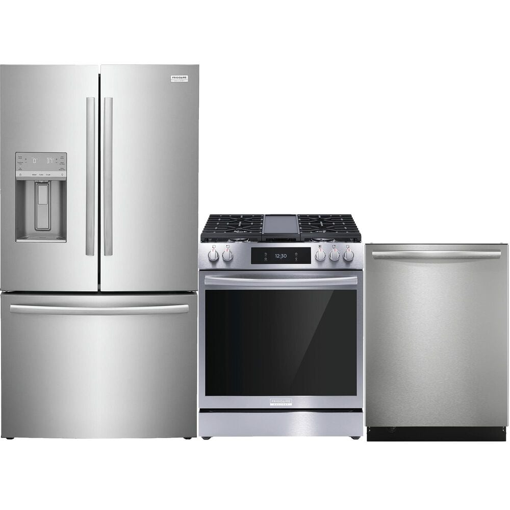 Frigidaire Gallery 3 Piece Kitchen Package with 27.8 Cu. Ft. French Door Refrigerator, 30" Front Control Gas Range with Total Convection, and 24" Built-In Bar Handle Dishwasher with CleanBoost in Stainless Steel, , large