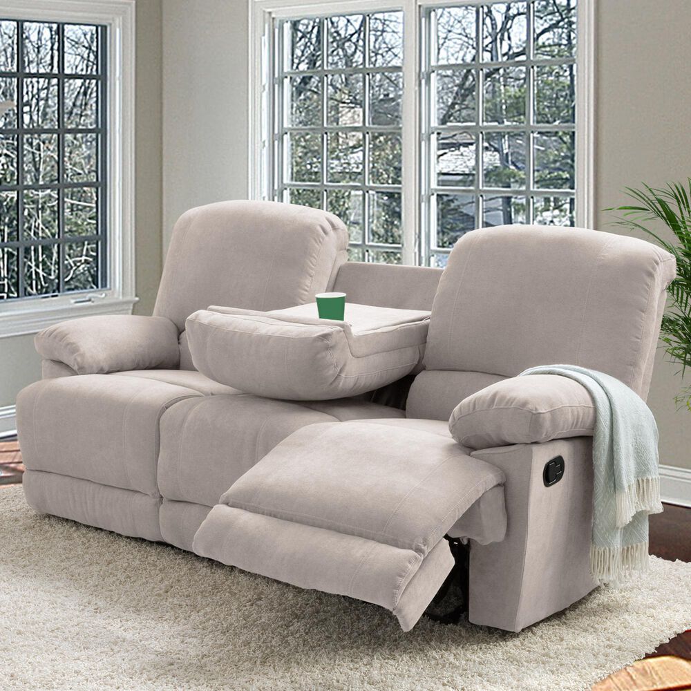CorLiving Lea Reclining Console Sofa with Cupholders in Beige Fabric, , large