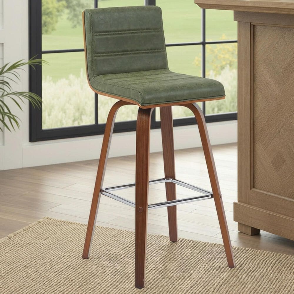 Armen Living Vienna Swivel Bar Height Stool with Vintage Green Upholstery in Walnut, , large