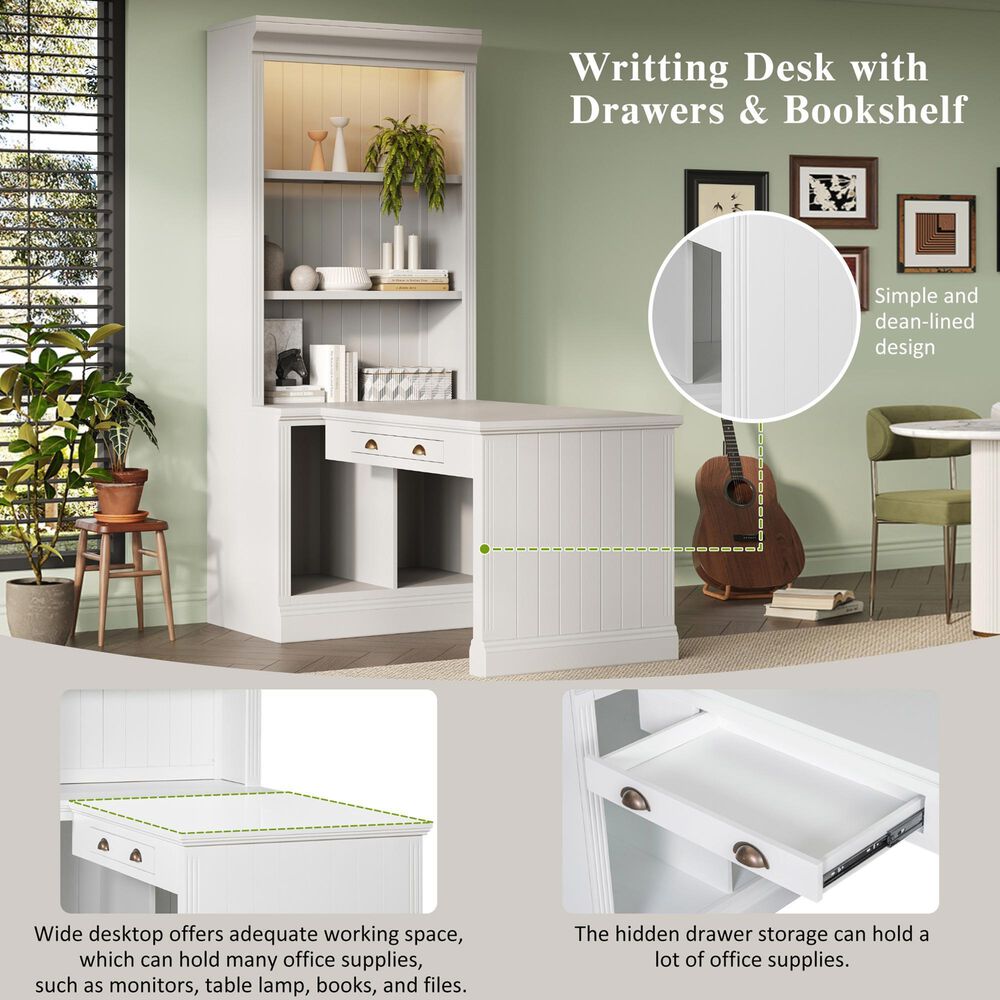 Hearth and Haven Writing Desk with Open Bookshelf and LED Lighting in White, , large