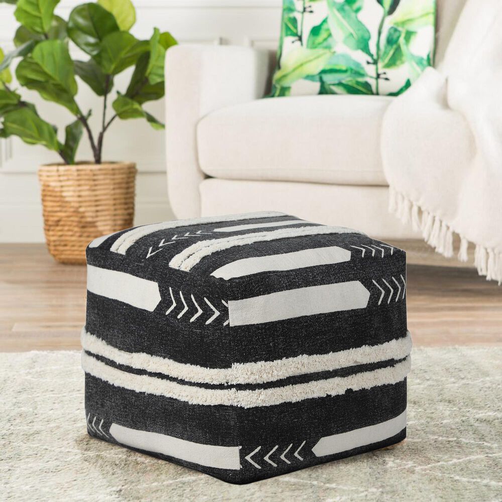 LR Home 18" Square Striped Pouf in Black and White, , large