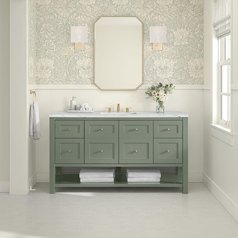 James Martin Vanities Breckenridge 60" Single Bathroom Vanity in Smokey Celadon with 3 cm Ethereal Noctis Quartz Top, Rectangular Sink and FreePower Wireless Charger, , large