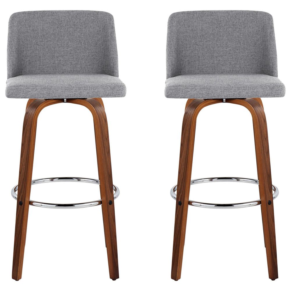 LumiSource Toriano Swivel Bar Stool with Grey Fabric Upholstery in Walnut and Chrome (Set of 2), , large