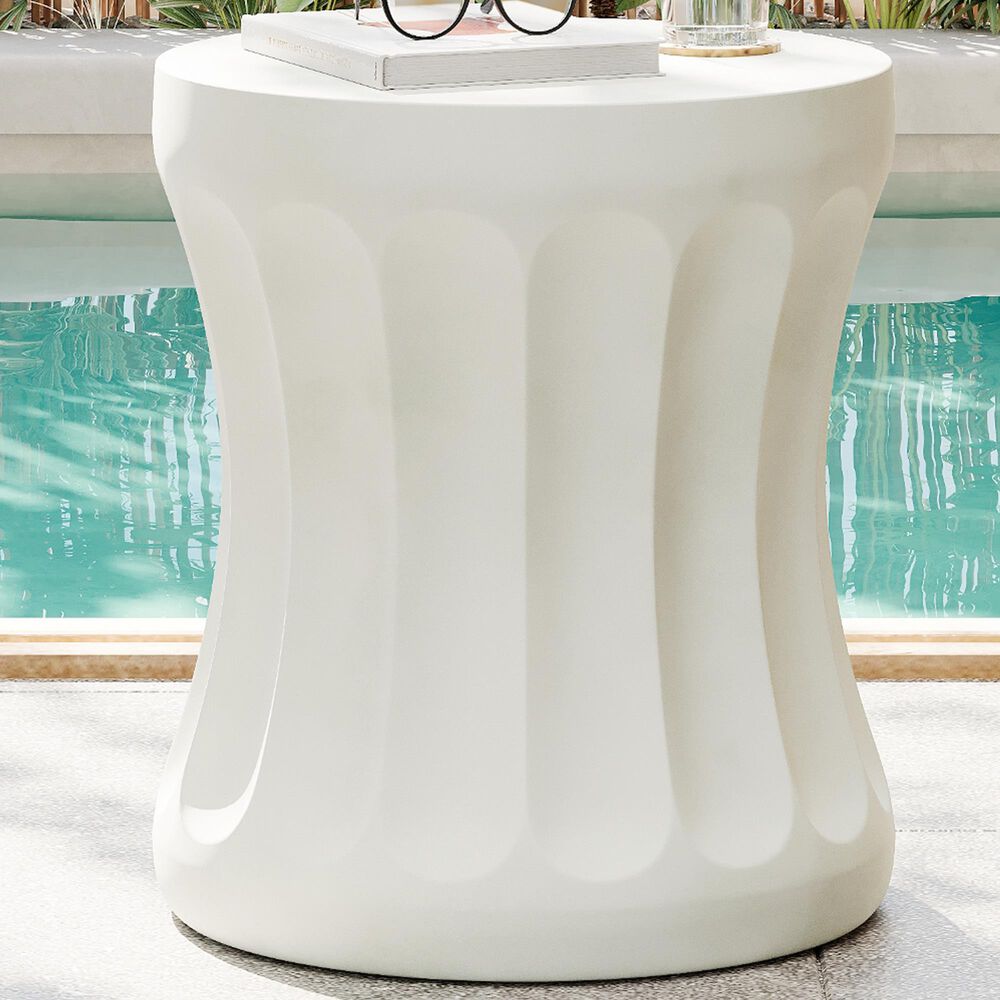Hearth and Haven Outdoor Round Side Table with Cylindrical Shape and Cinched Waist in Antique White, , large