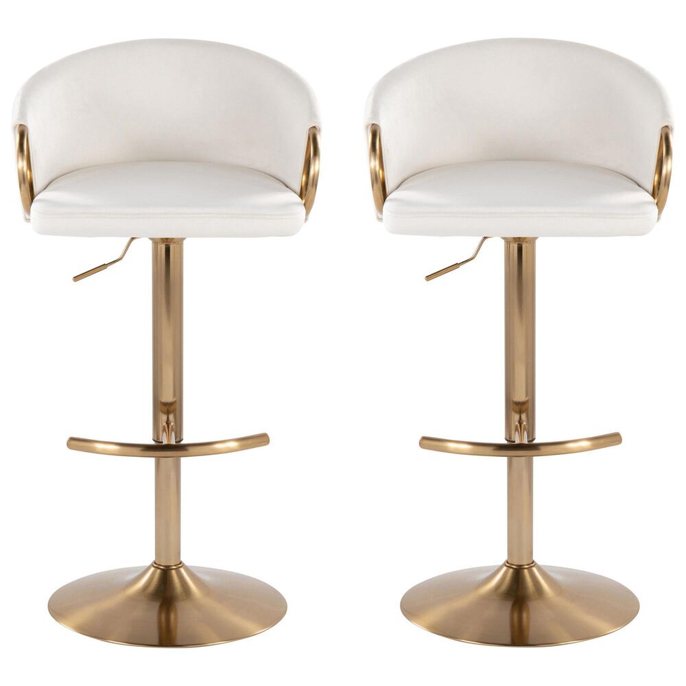 LumiSource Claire Swivel Adjustable Barstool with Cream Velvet Upholstery in Gold (Set of 2), , large