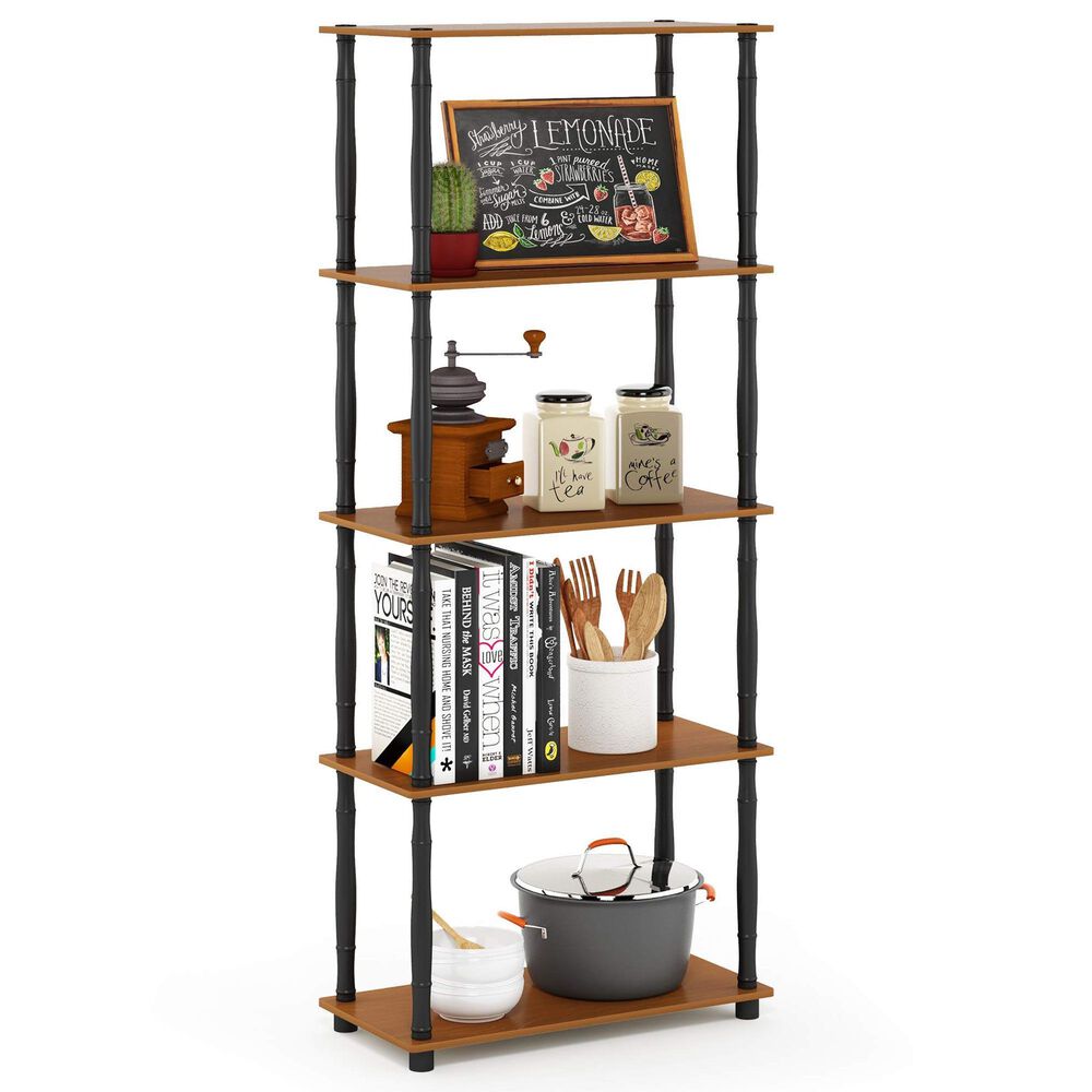 HOMLUX Turn-N-Tube 5-Tier Open Storage Bookshelf in Light Cherry and Black, , large