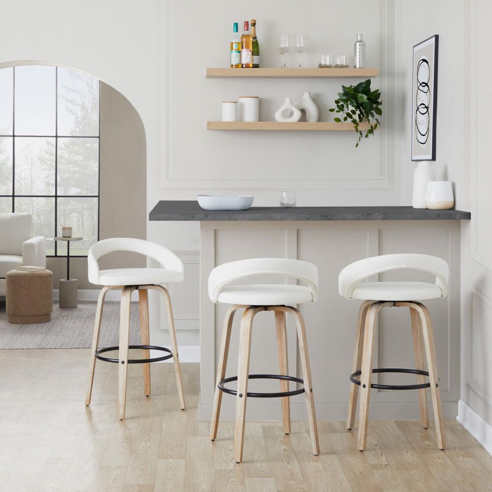 LumiSource Grotto Swivel Bar Stool with White Faux Leather Upholstery in Whitewashed Wood and Black (Set of 2), , large