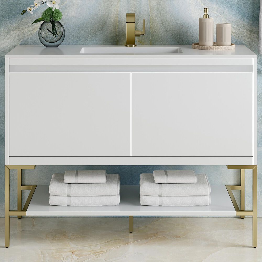 James Martin Vanities Mantova 47.3&quot; Single Vanity in Glossy White and Champagne Brass with 3 cm Glossy White Composite Stone Top and Rectangular Sink, , large