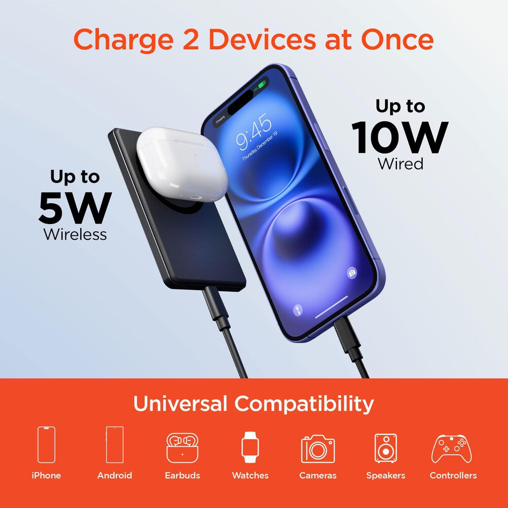 Hypercel Mag 5000mAh Ultra-Slim Magnetic Wireless Fast Charge Power Bank in Black, , large