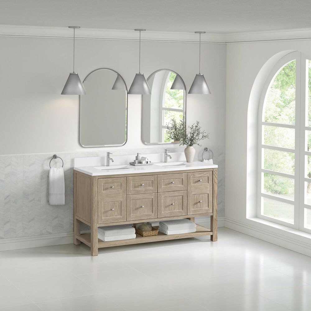 James Martin Vanities Breckenridge 60&quot; Double Bathroom Vanity in Whitewashed Oak with Single Hole 3 cm White Zeus Quartz Top and Rectangular Sinks, , large
