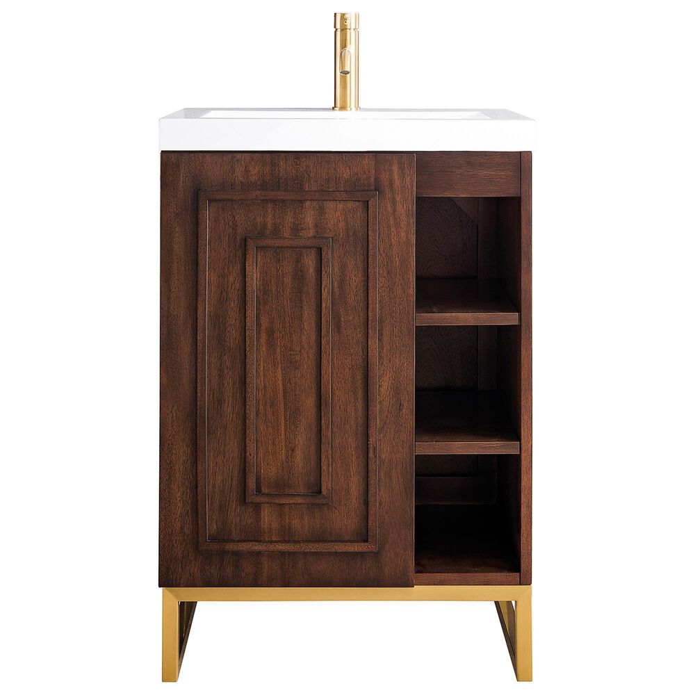 James Martin Vanities Alicante 24" Single Bathroom Vanity in Mid Century Acacia and Radiant Gold with 5 cm White Glossy Resin Top and Rectangular Sink, , large