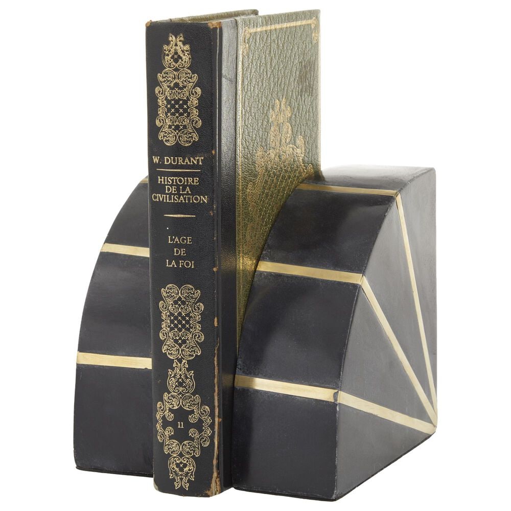 Maple and Jade 9 lbs Geometric Decorative Bookends with Gold Inlay in Black Set of 2, , large