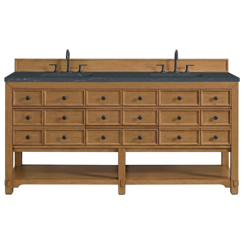 James Martin Vanities Malibu 72" Double Bathroom Vanity in Amber Birch with 3 cm Charcoal Soapstone Quartz Top and Rectangular Sinks, , large