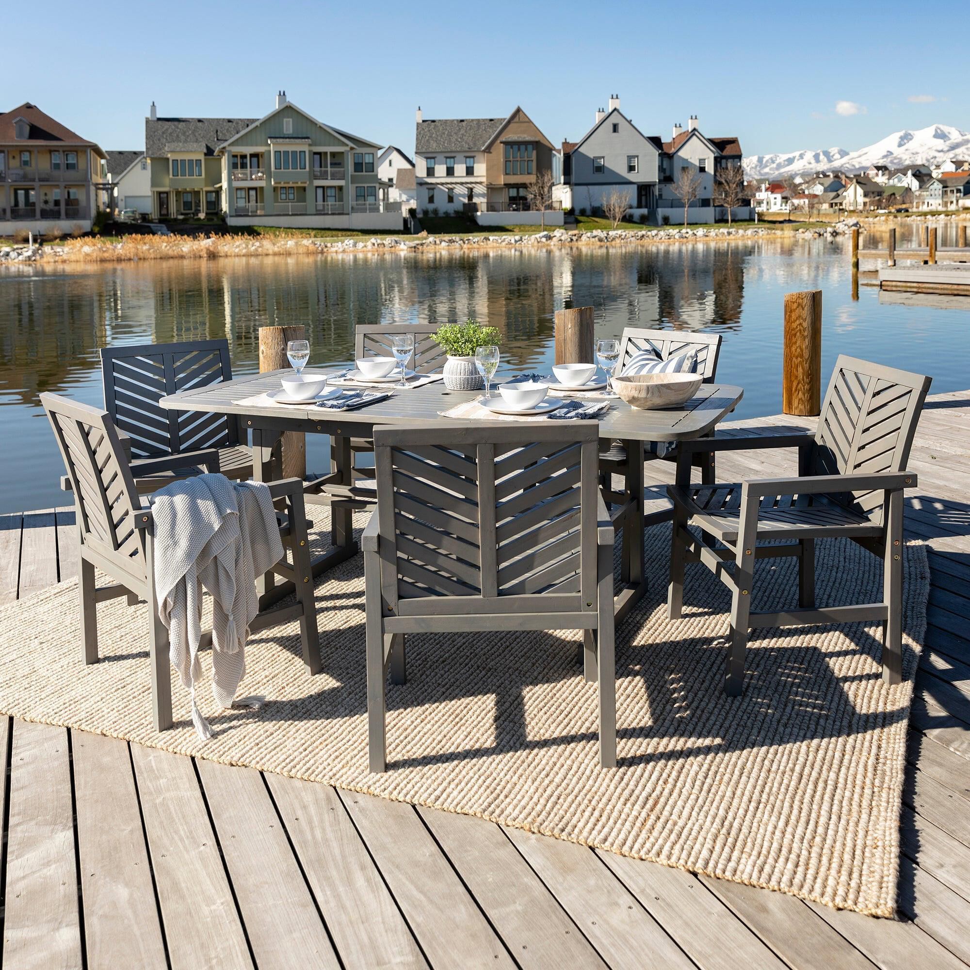 Walker Edison Vincent 7 Piece Slat Top Extendable Patio Dining Set