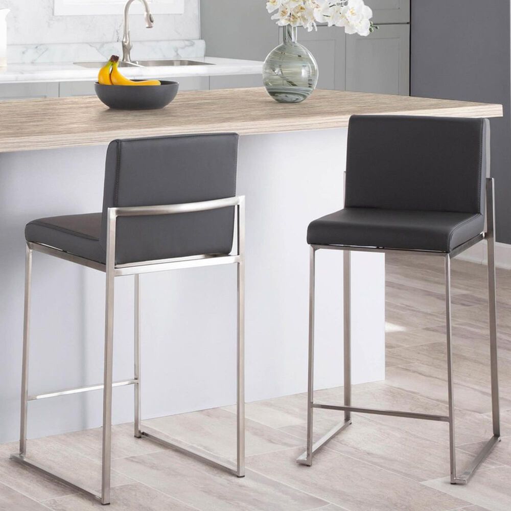Lumisource Fuji Stackable Counter Stool with Grey Faux Leather Cushion in Brushed Stainless Steel &#40;Set of 2&#41;, , large