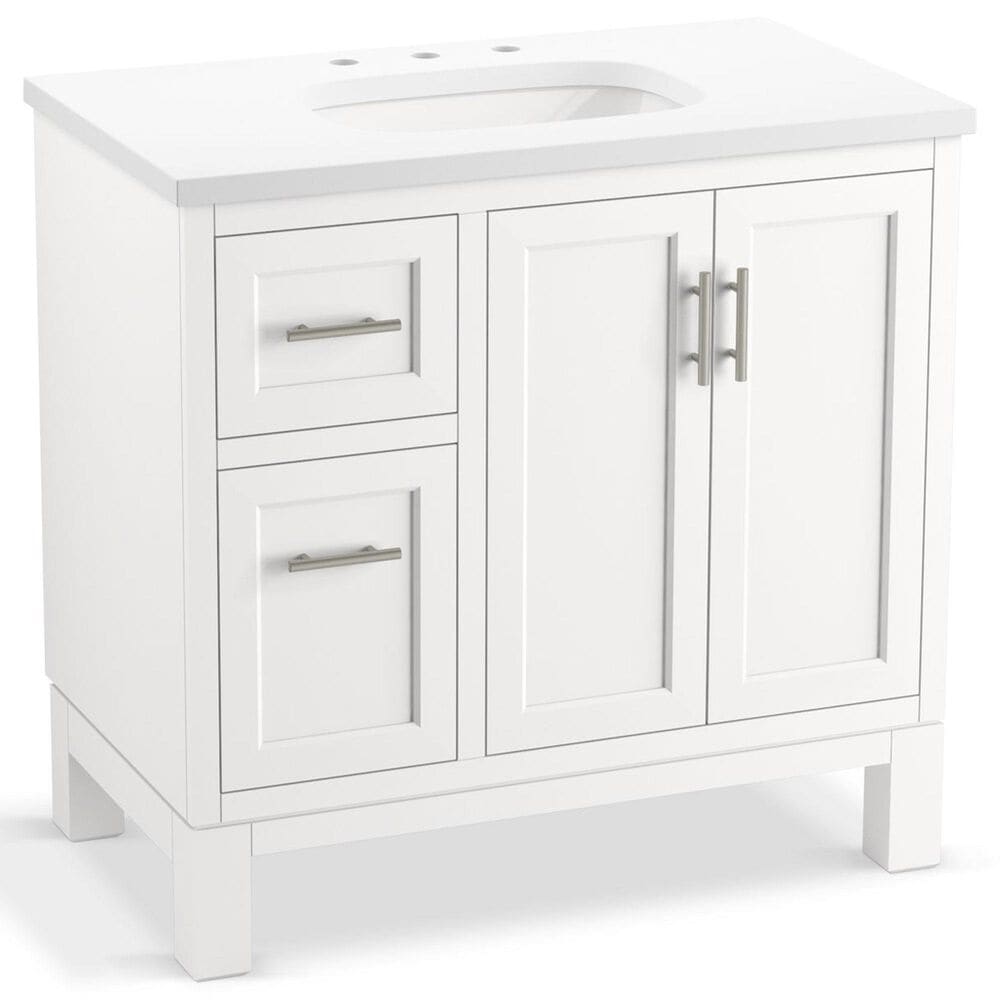 Kohler Quo 36" Single Bathroom Vanity in White with 3 cm Pure White Quartz Top and Oval Sink, , large