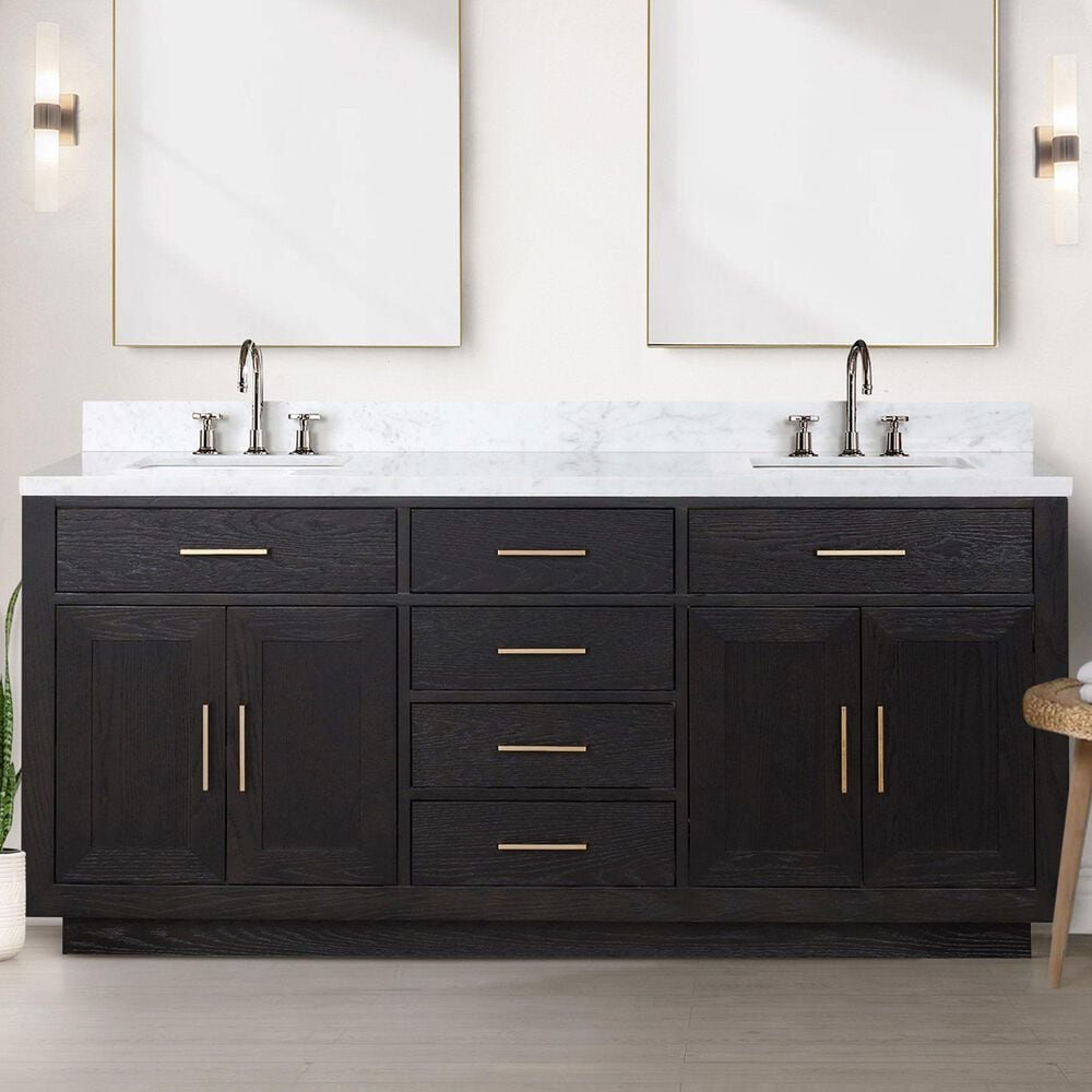 Lexora Home Abbey 72&quot; Double Bathroom Vanity in Black Oak with 2 cm White Carrara Marble Top and Rectangular Sinks, , large