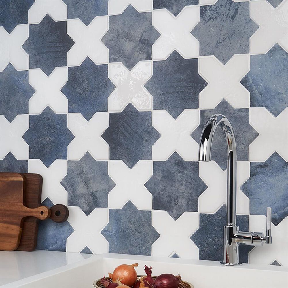 Soho Studio Malta Denim Blue Star Matte and White Cross Polished 6" x 6" Porcelain Tile Kit, , large