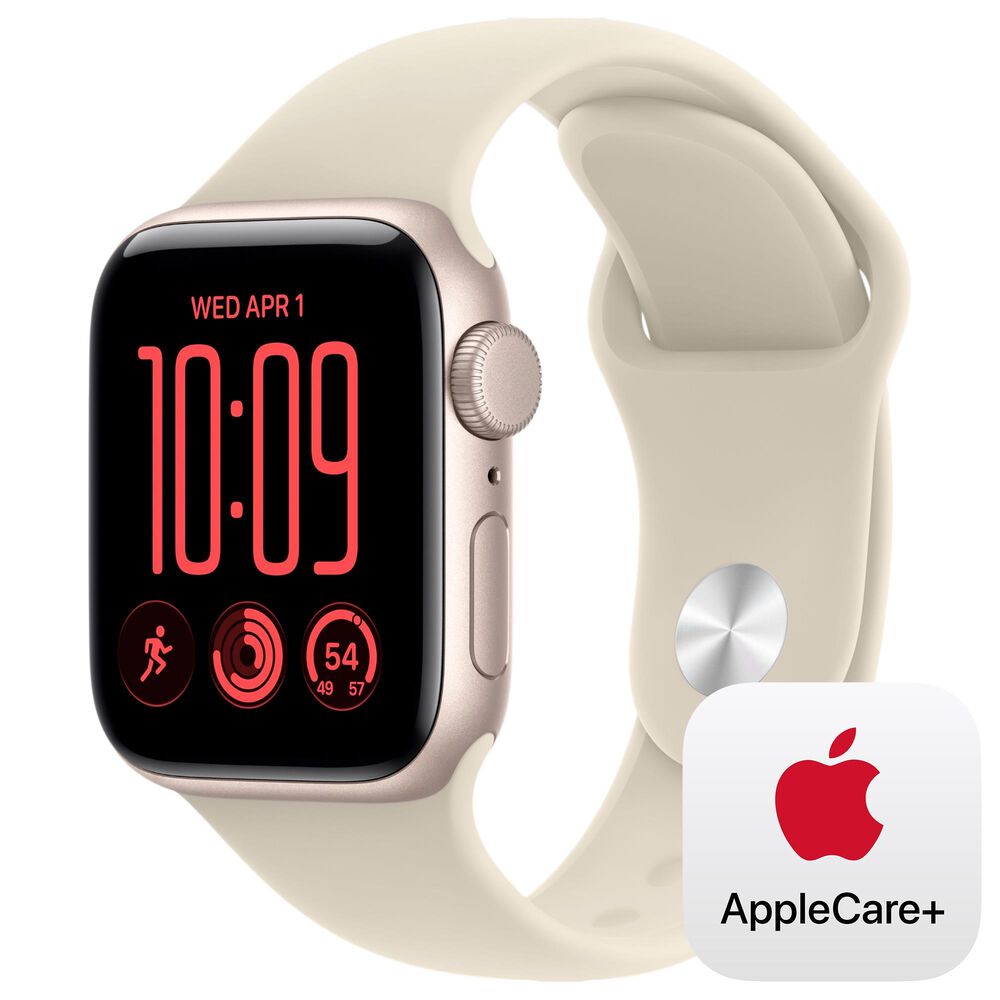 Apple Watch SE 3 (GPS) 40mm Starlight Aluminum Case with Sand Sport Band - M/L and 2-Year AppleCare+, , large