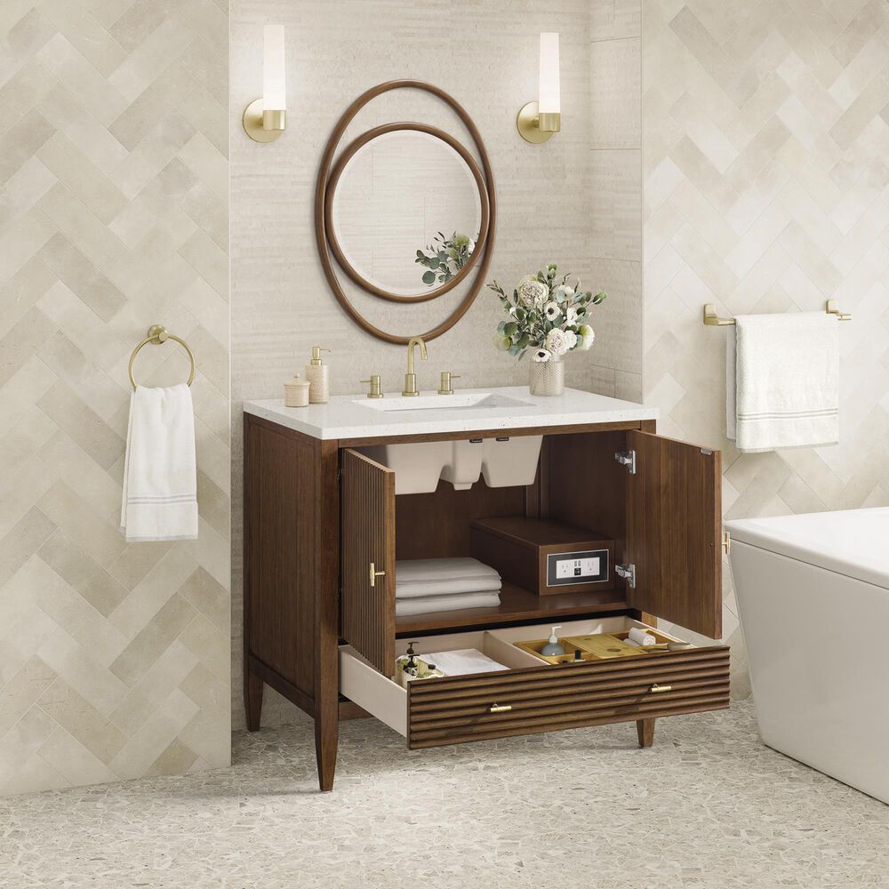 James Martin Vanities Myrrin 36&quot; Vanity in Mid-Century Walnut with 3 cm Lime Delight Quartz Top, , large