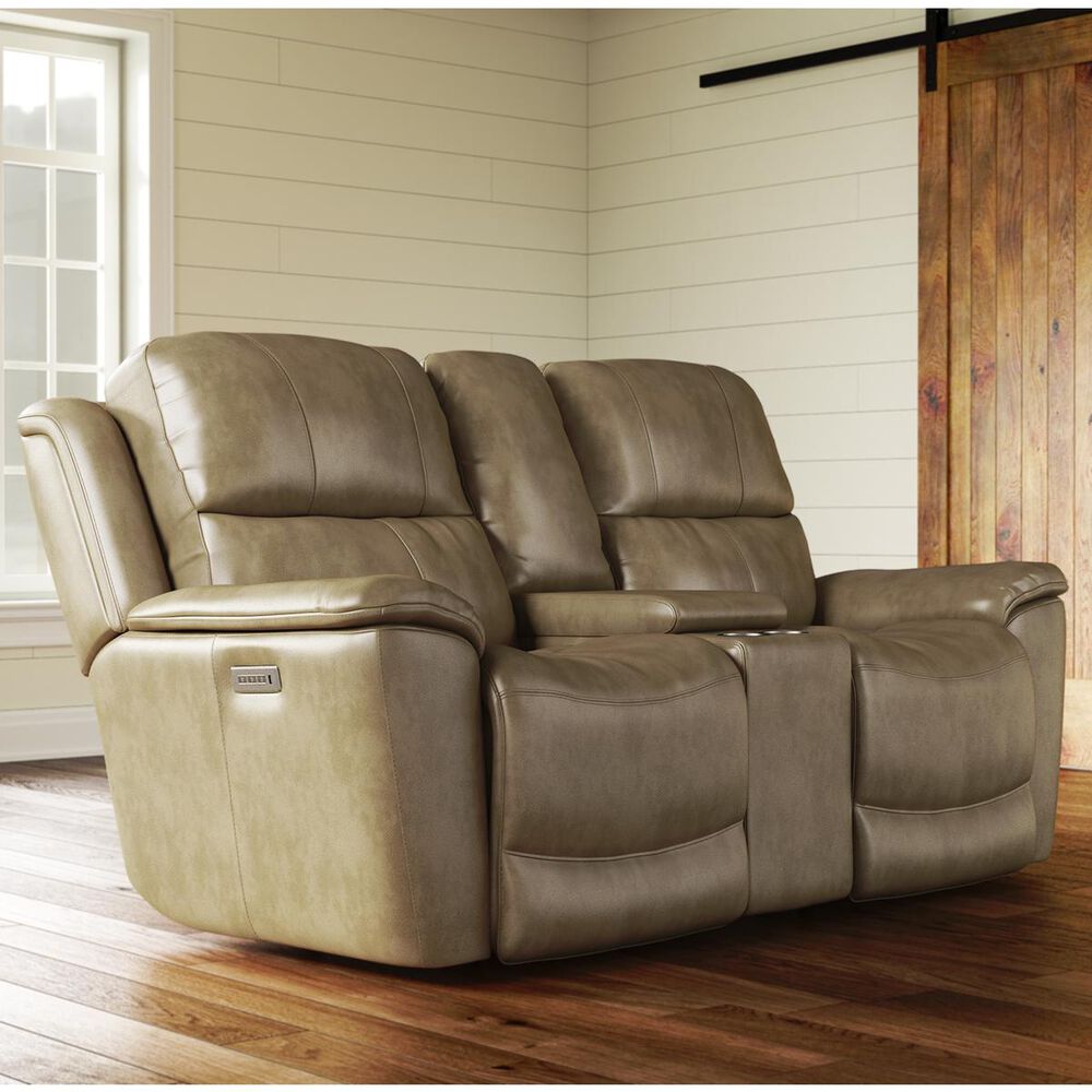 Flexsteel Cade Leather Power Reclining Console Loveseat with Headrest in Sand, , large
