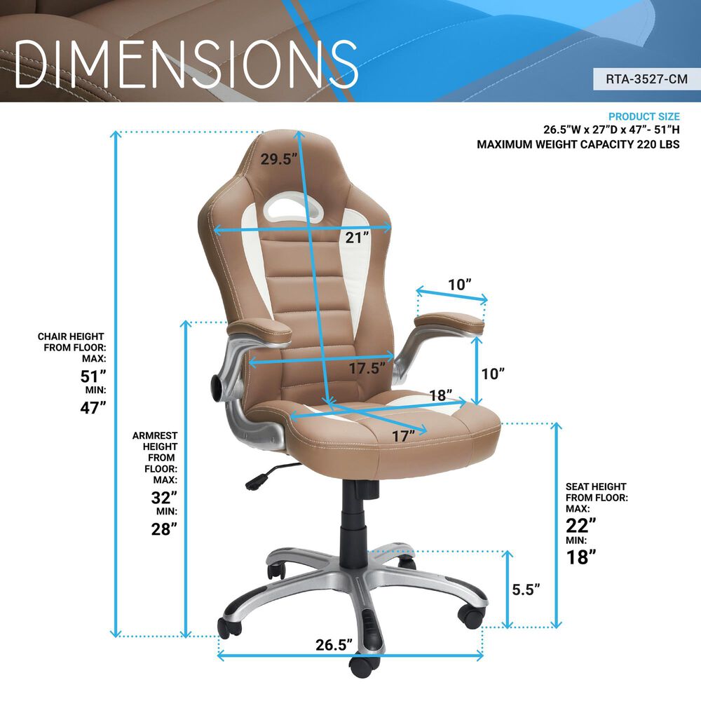 Rta Products Llc High Back Executive Sport Race Office Chair with Flip-Up Arms in Camel, , large