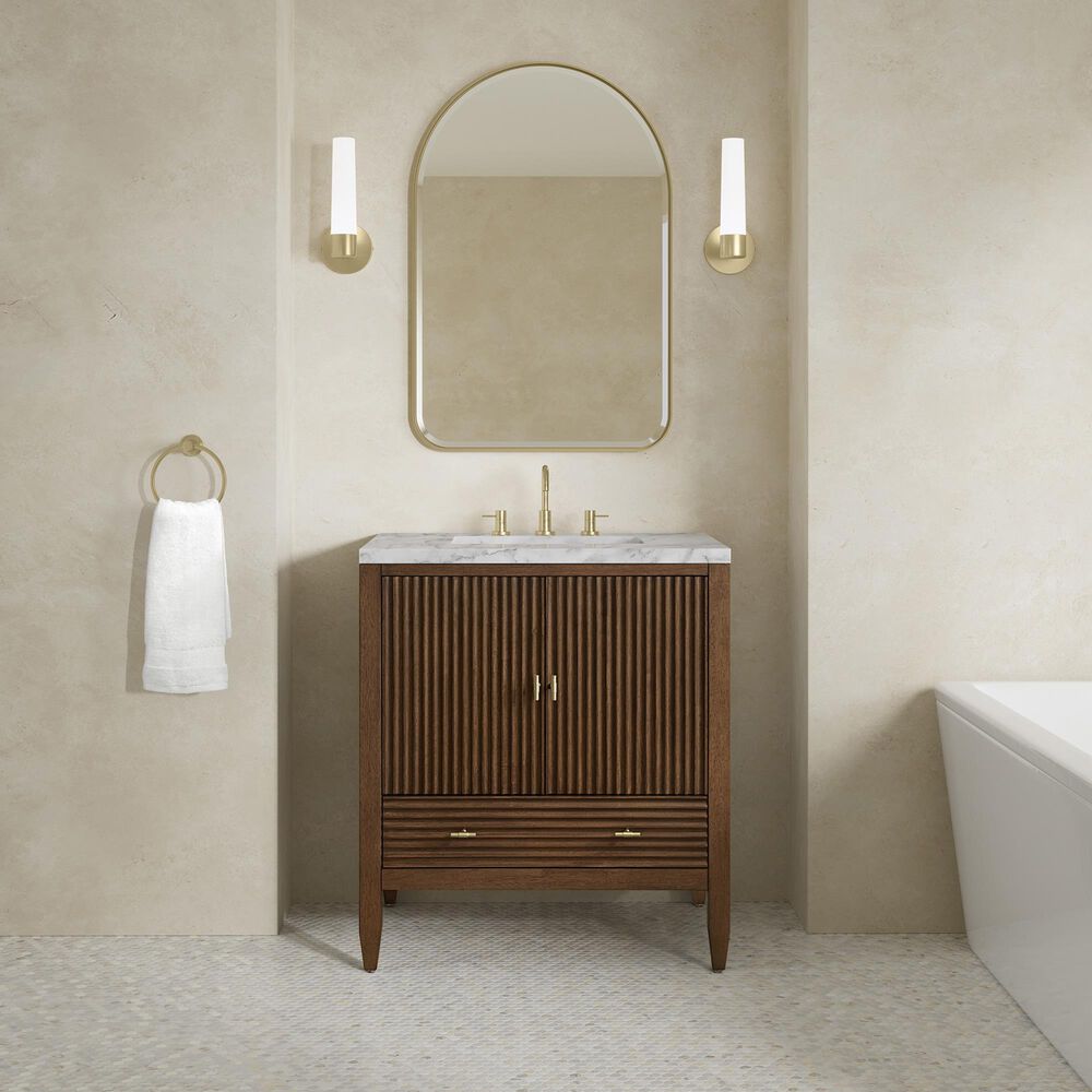 James Martin Myrrin 30" Single Bathroom Vanity in Mid-Century Walnut with 3 cm Carrara Marble Top and Rectangular Sink, , large