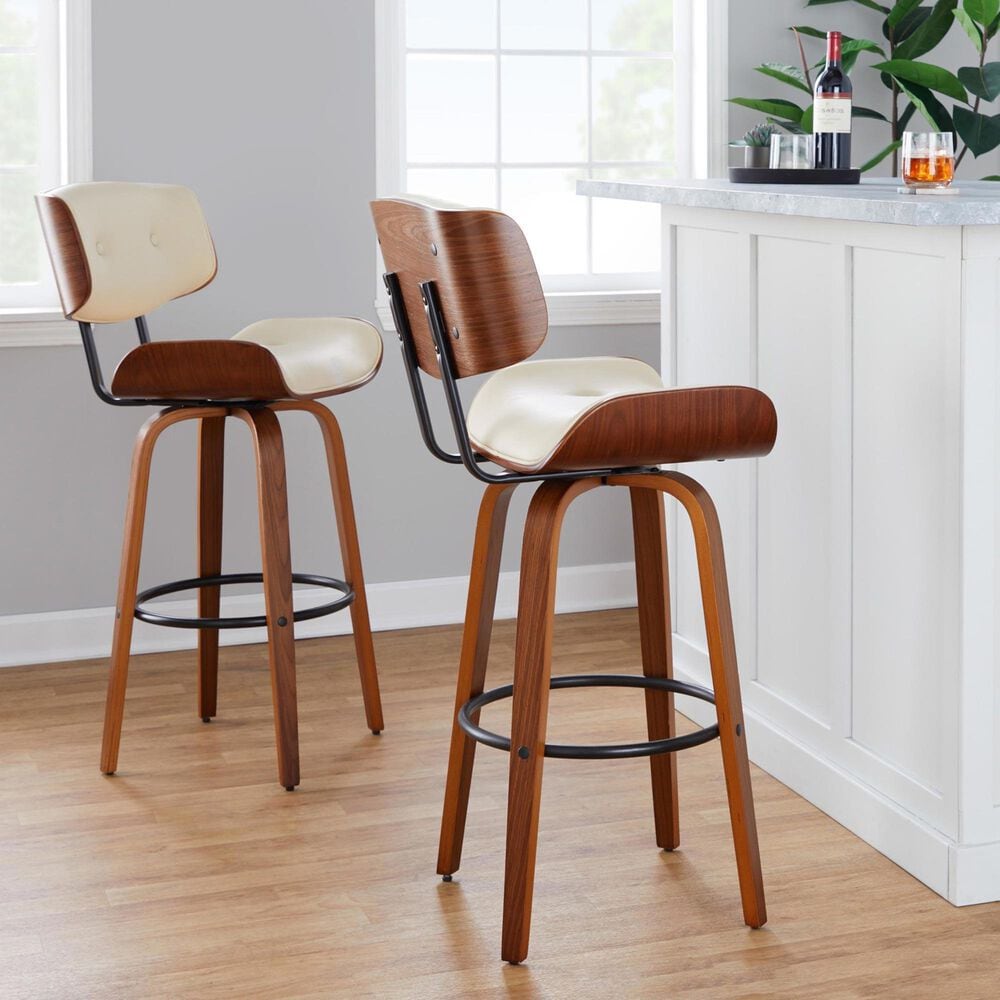 LumiSource Lombardi 30" Swivel Barstool with Cream Faux Leather Upholstery in Walnut and Black (Set of 2), , large