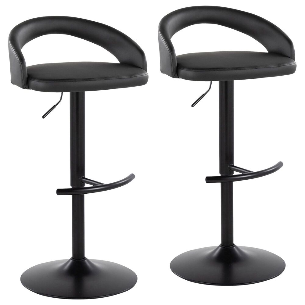 LumiSource Grotto Adjustable Bar Stool with Black Faux Leather Upholstery in Black (Set of 2), , large