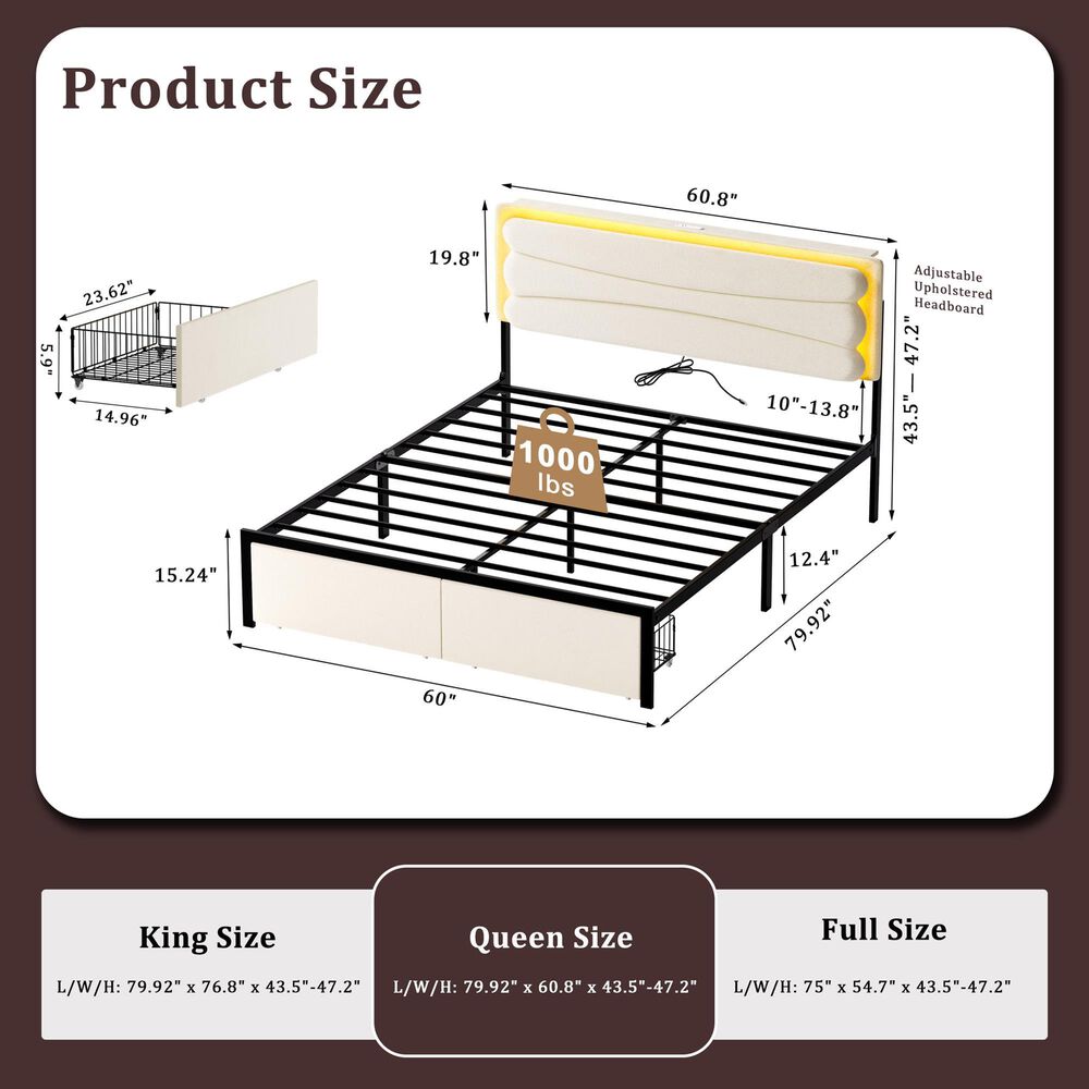 HOMLUX Queen Upholstered Platform Storage Bed Frame in Beige, , large