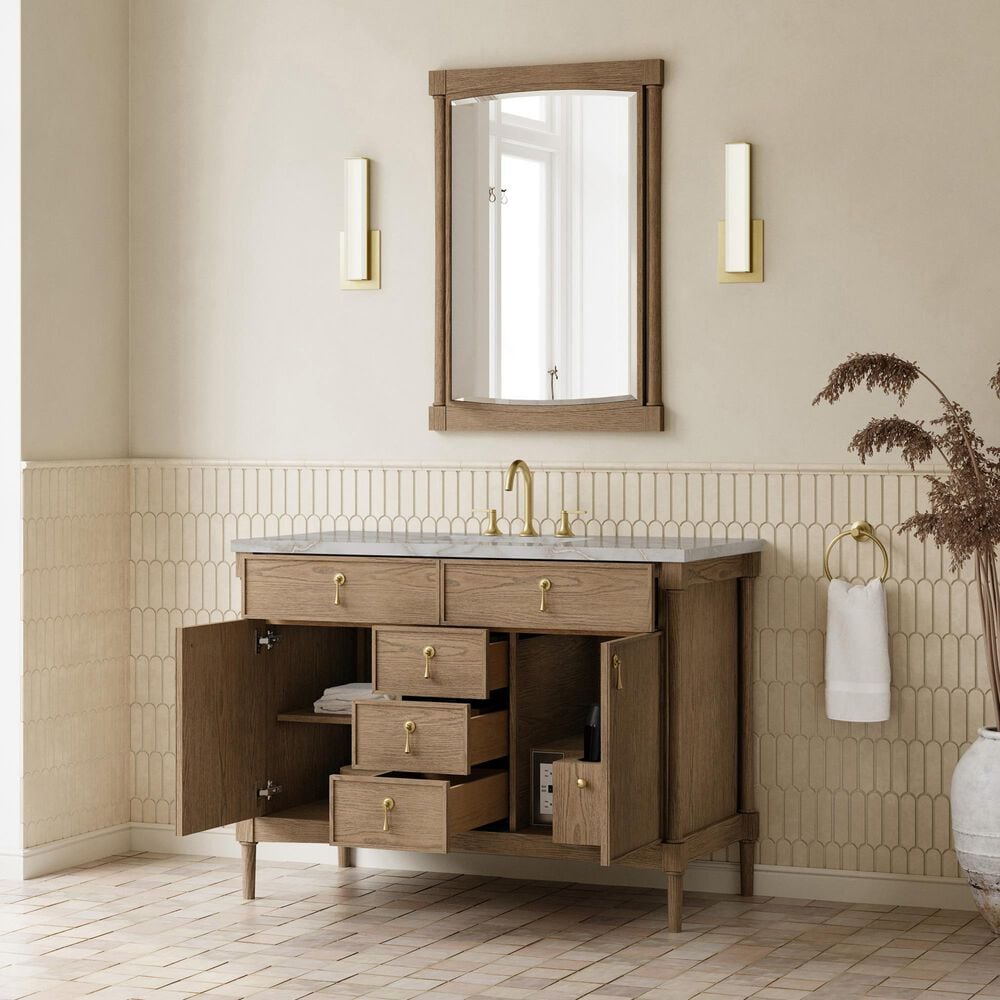 James Martin Kinnsden 48" Single Bathroom Vanity in Weathered Oak with 3 cm Victorian Silver Silestone Top, Rectangular Sink and FreePower Wireless Charger, , large