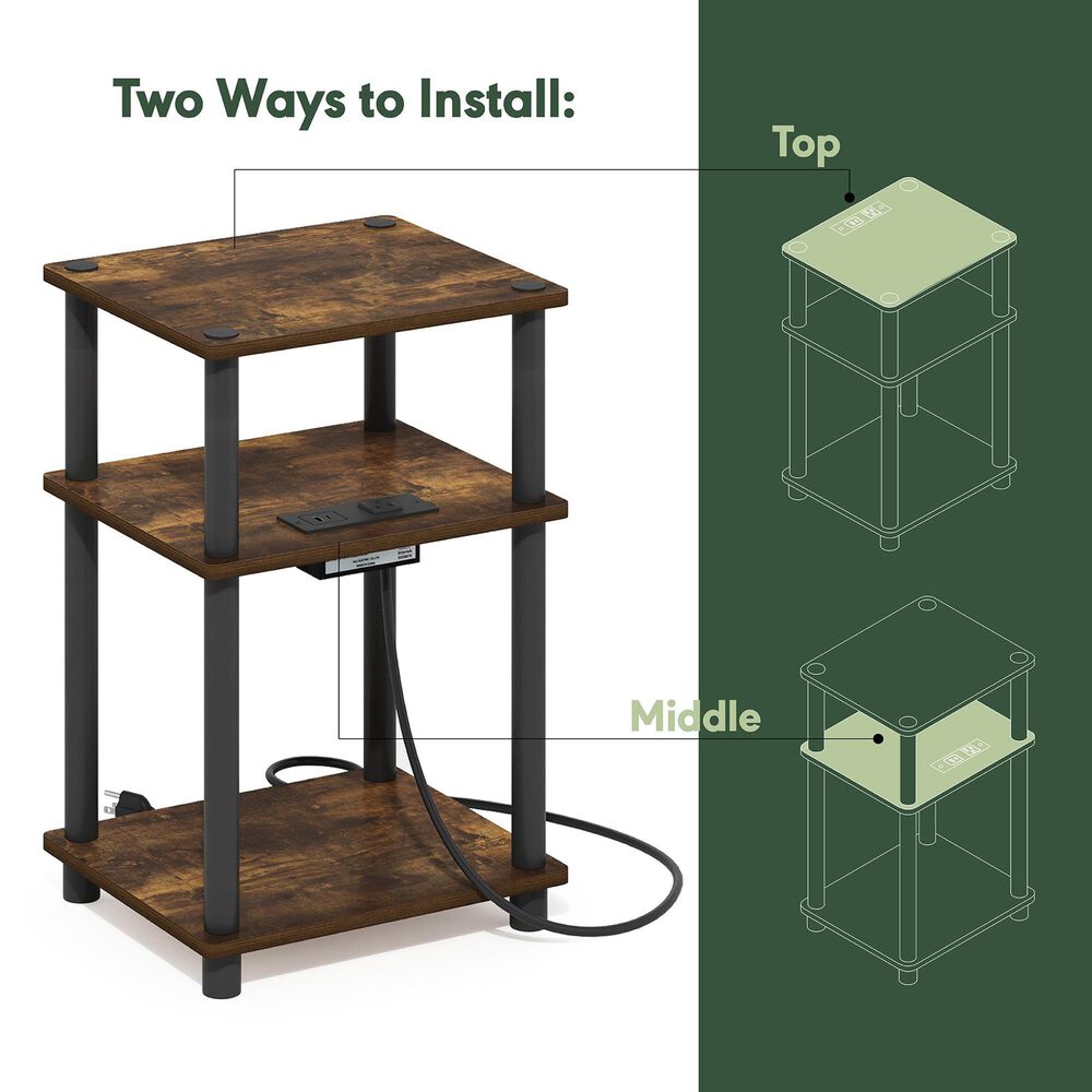 HOMLUX 3-Tier Turn-N-Tube End Table with Charging Station in Amber Pine and Black, , large