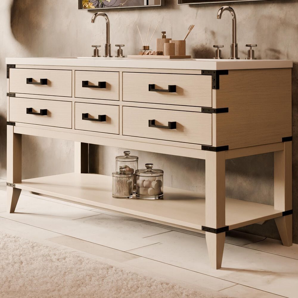 Lexora Home Norwalk 60&quot; Double Bathroom Vanity in White Oak with White Quartz Top and Rectangular Sinks, , large