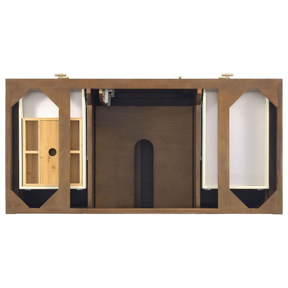 James Martin Vanities Myrrin 48" Single Bathroom Vanity in Mid-Century Walnut with 3 cm Eternal Jasmine Pearl Silestone Top, Rectangular Sink and FreePower Wireless Charger, , large