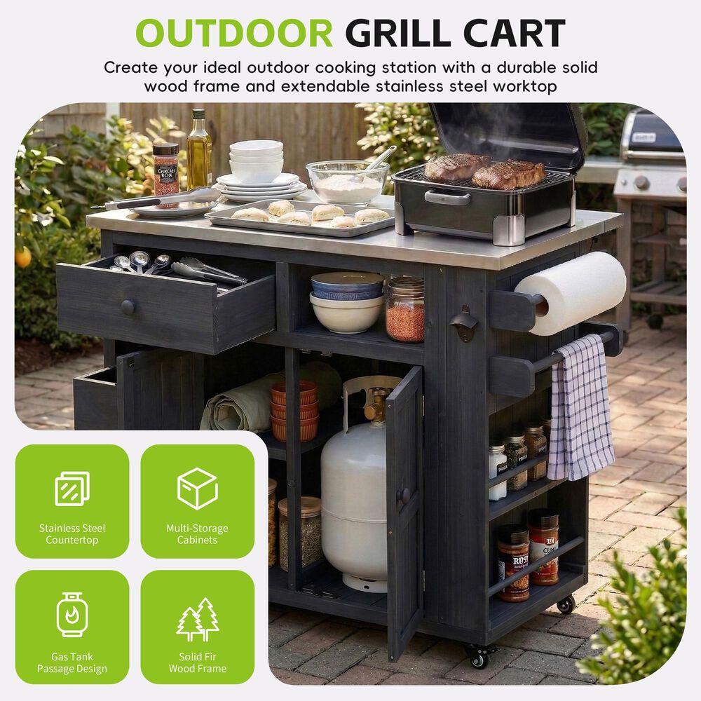 Hearth and Haven Outdoor Kitchen Island Cart with Extendable Stainless Steel Top and Adjustable Shelf in Black, , large