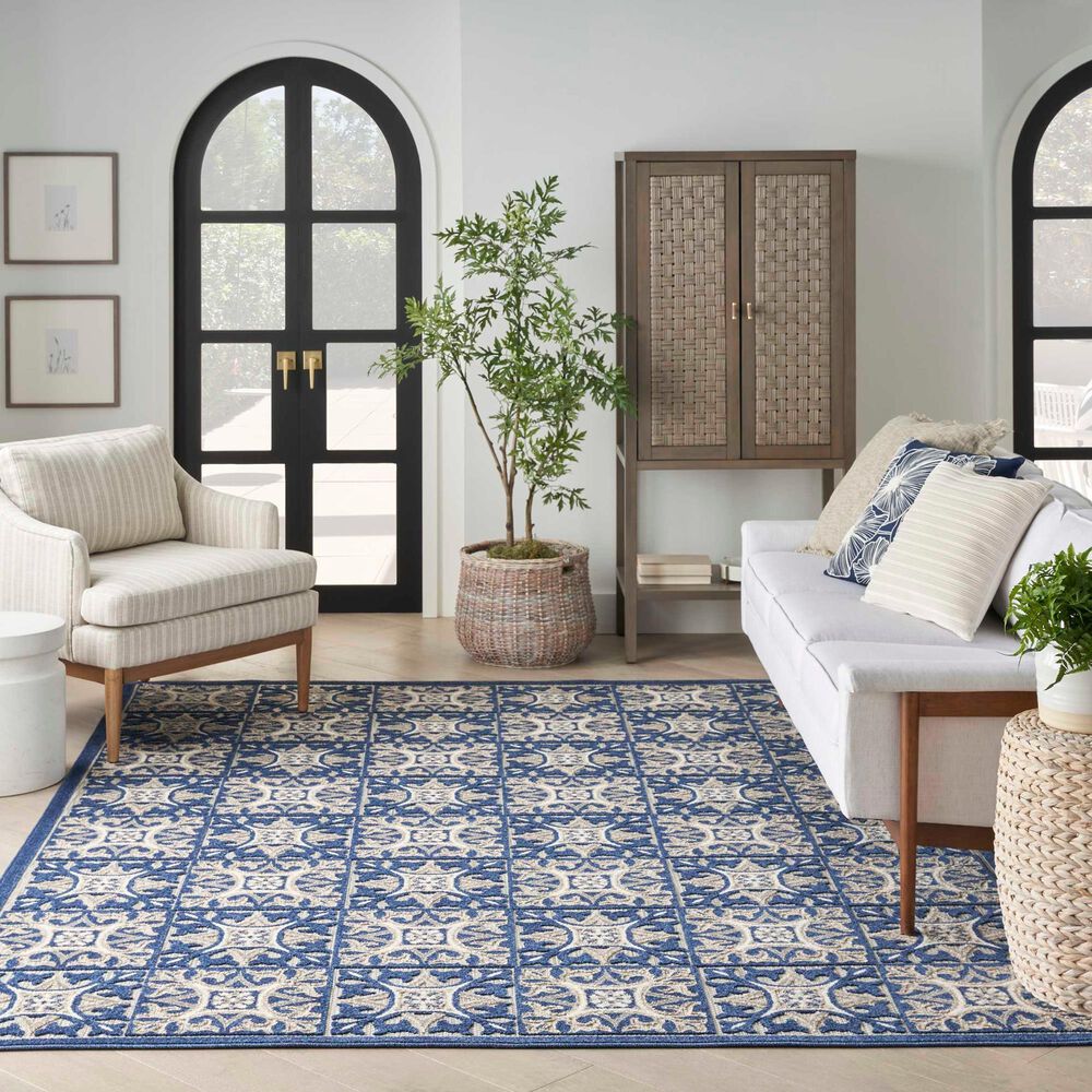 Nourison Aloha Damask 5&#39;3&quot; x 7&#39;5&quot; Blue Indoor/Outdoor Area Rug, , large