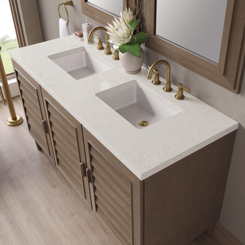 James Martin Vanities Portland 60&quot; Double Bathroom Vanity in Whitewashed Walnut with 3 cm Lime Delight Quartz Top and Rectangular Sinks, , large
