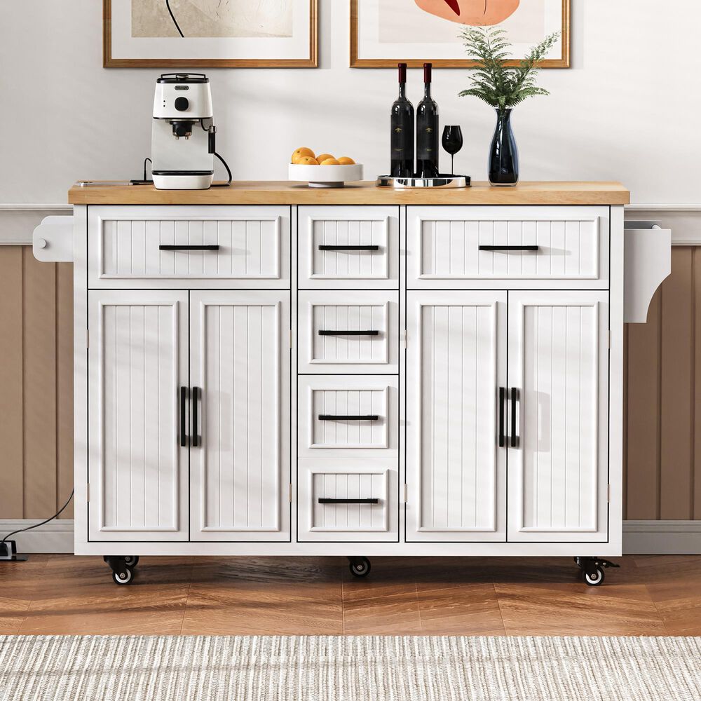 HOMLUX 56.5'' Kitchen Island with Drop Leaf in White and Natural, , large