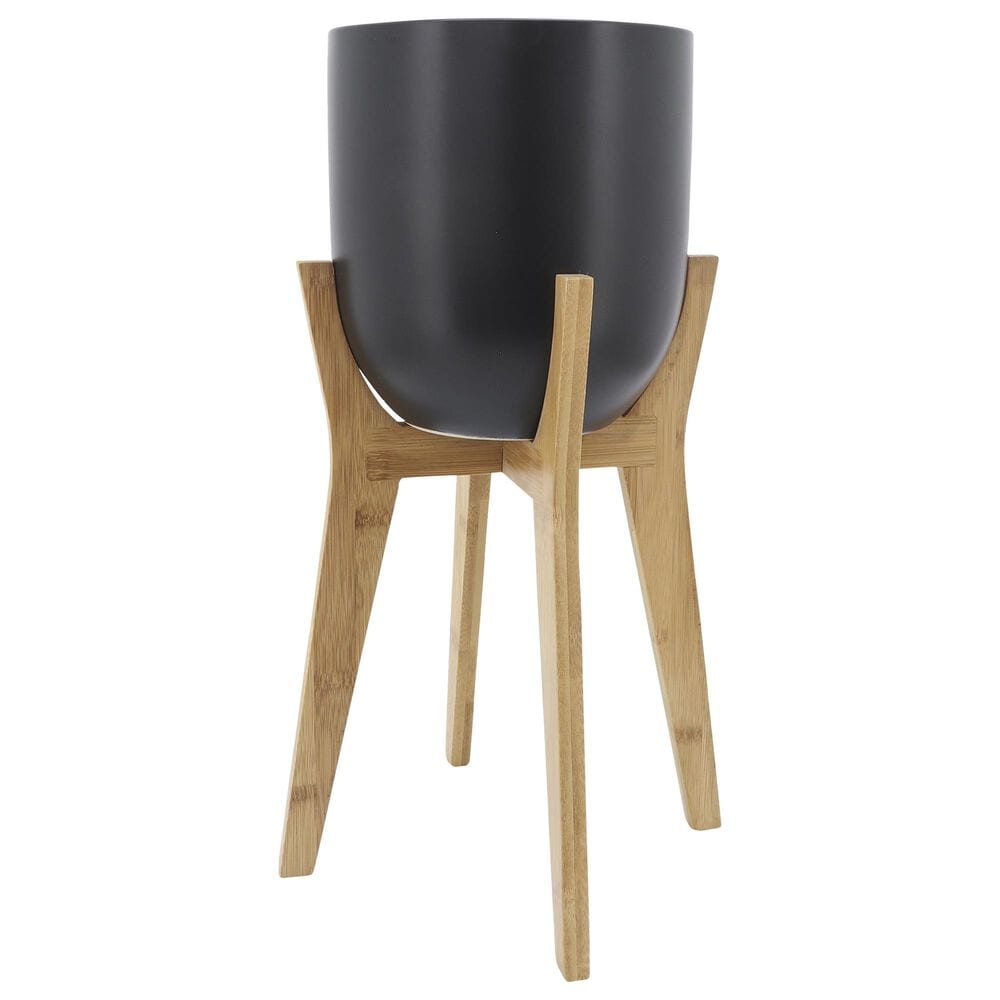 Sagebrook Home 8" Cer Planter with Wooden Stand in Black, , large