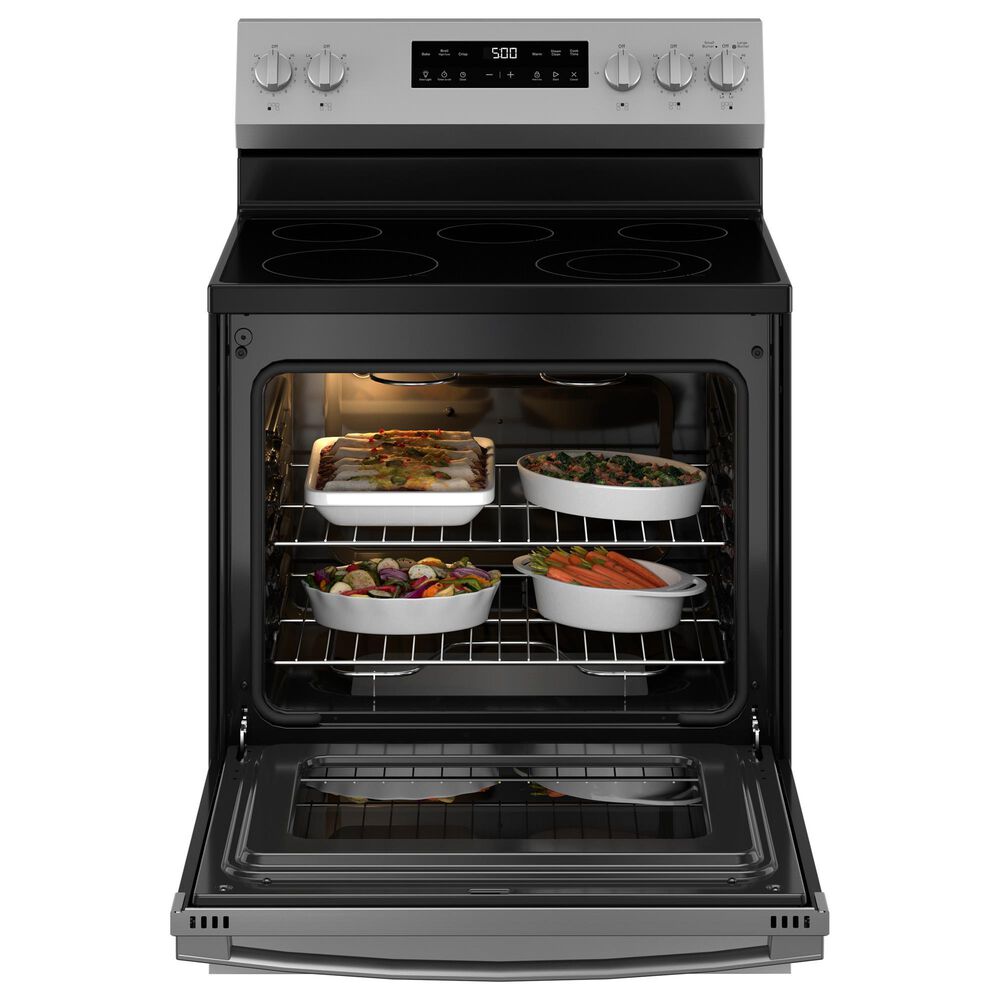 GE Appliances 4-Piece Kitchen Package with 27 Cu. Ft. French Door Refrigerator and 5.3 Cu. Ft. Freestanding Electric Range in Stainless Steel and Black, , large