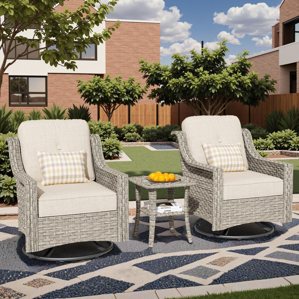 HOMLUX 3-Piece Outdoor Swivel Rocking Chair Set and Side Table in Beige, , large