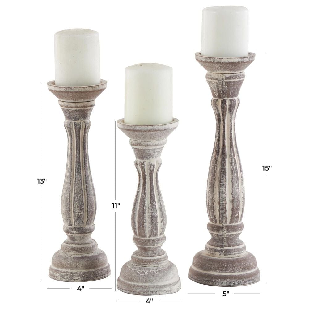 Maple and Jade Turned Pillar Decorative Candle Holder in Washed Brown &#40;Set of 3&#41;, , large