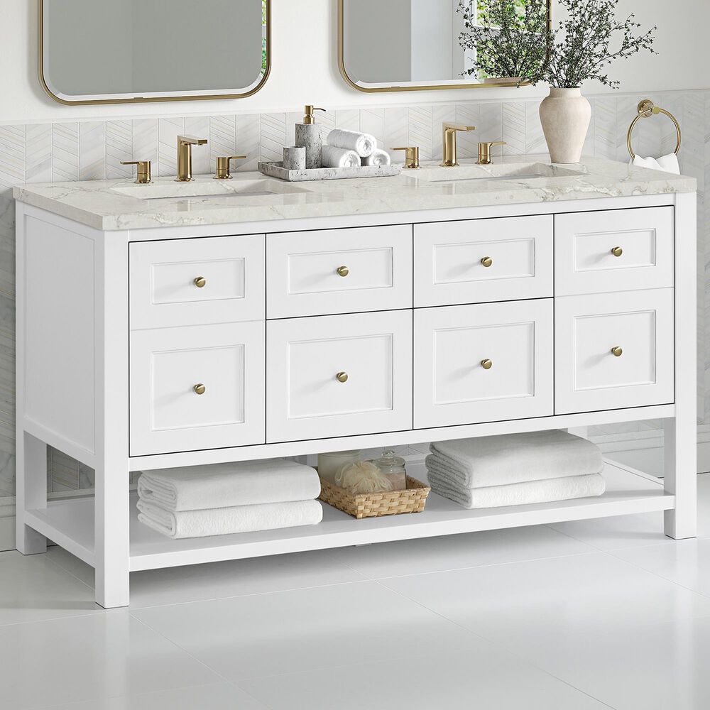 James Martin Vanities Breckenridge 60" Double Bathroom Vanity in Bright White with 3 cm Eternal Jasmine Pearl Silestone Top, Rectangular Sinks and FreePower Wireless Charger, , large