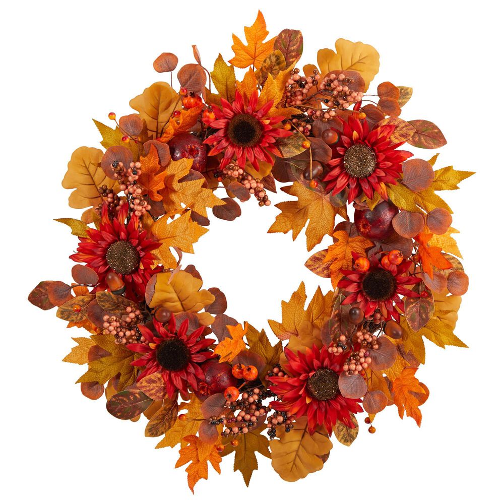 Nearly Natural Inc 30in. Fall Acorn, Sunflower, Berries and Autumn Foliage Artificial Wreath, , large