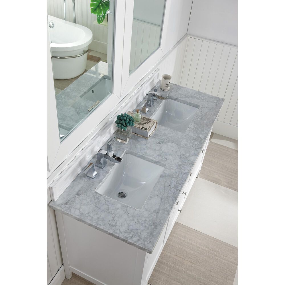 James Martin Vanities Palisades 60&quot; Double Bathroom Vanity in Bright White with 3 cm Carrara White Marble Top and Rectangular Sinks, , large