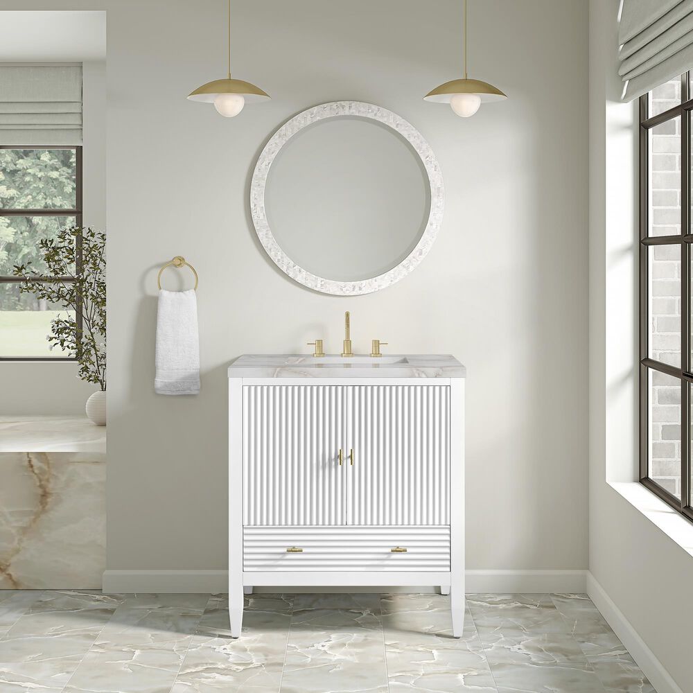 James Martin Myrrin 30" Single Bathroom Vanity in Bright White with 3 cm Victorian Silver Silestone Top and Rectangular Sink, , large
