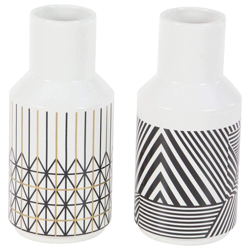 Maple and Jade 11" Psychedelic Striped and Chevron Vase in White, Black and Gold (Set of 2), , large