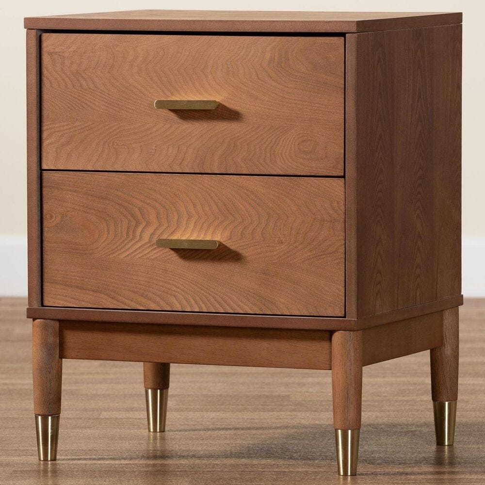 Baxton Studio Mandolin 2-Drawer Nightstand in Ash Walnut and Gold, , large
