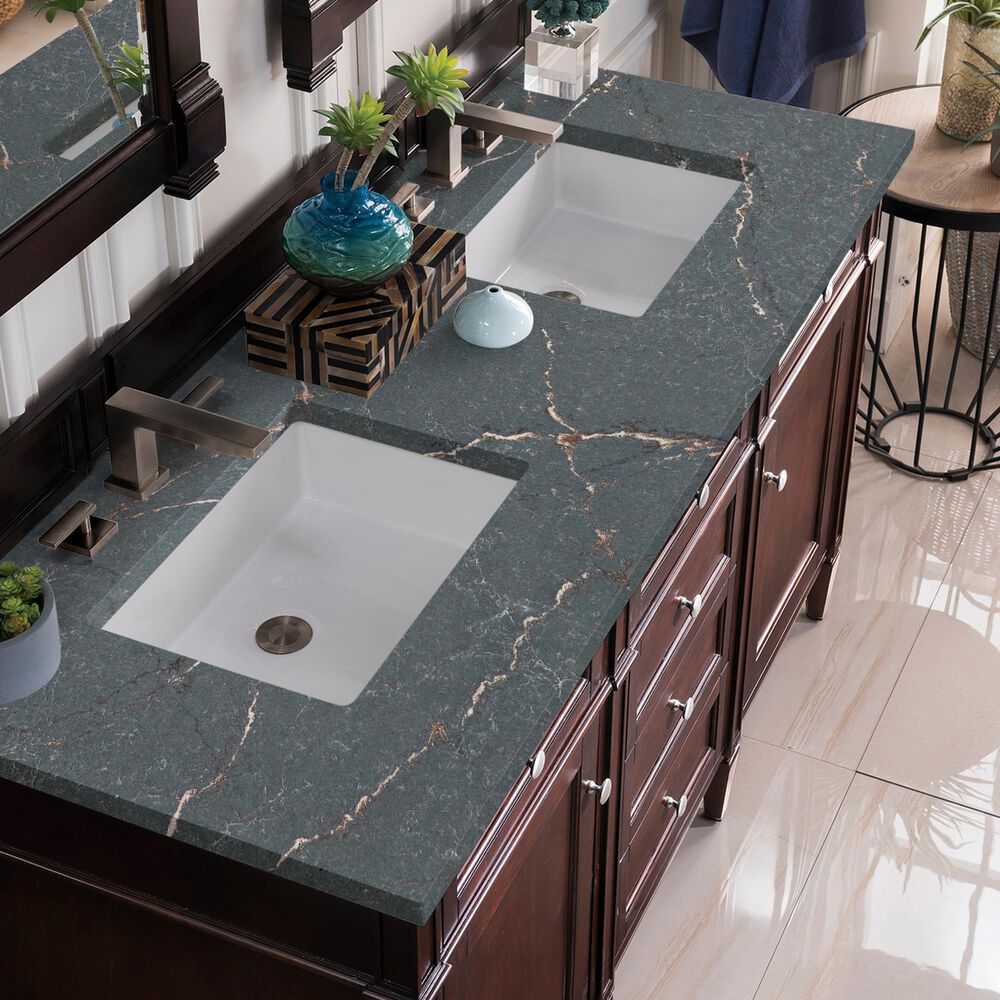 James Martin Vanities Brittany 60&quot; Double Bathroom Vanity in Burnished Mahogany with 3 cm Parisien Bleu Quartz Top and Rectangular Sinks, , large